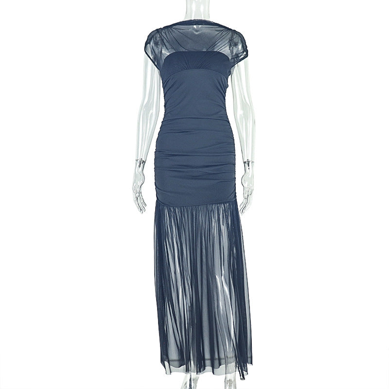 European and american style cross-border chic slim-fit women's solid color patchwork bodycon sleeveless high neck pleated workwear maxi dress