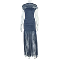 European and american style cross-border chic slim-fit women's solid color patchwork bodycon sleeveless high neck pleated workwear maxi dress