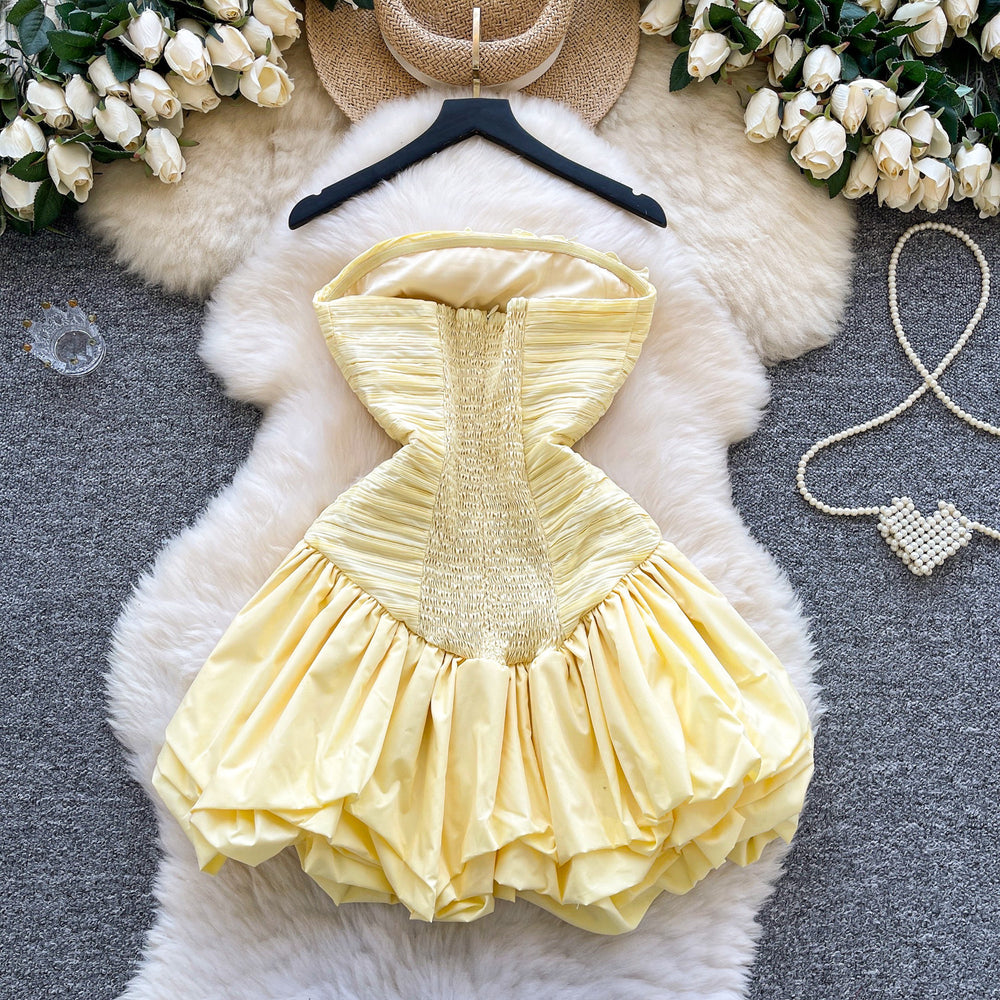 French heavy industrystereo flower dress seaside vacation style one shoulder tube top dress ruffles skirt