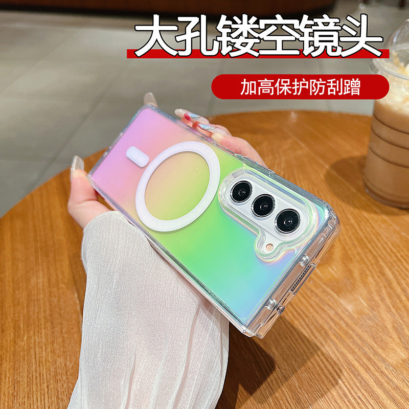 Premium rainbow plated aurora samsung foldable zfold7 magnetic phone case, compatible with zflip7 and zfold5