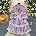 Elegant court style printed lantern sleeve dress - women's summer lace patchwork waist design midi dress