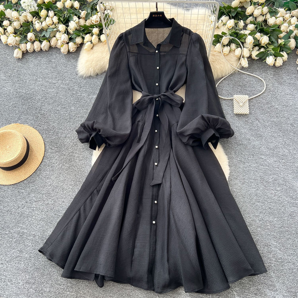 French dress women's autum palace style niche lapel single breasted strap waist lantern sleeve long skirt