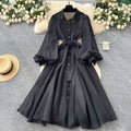 French dress women's autum palace style niche lapel single breasted strap waist lantern sleeve long skirt