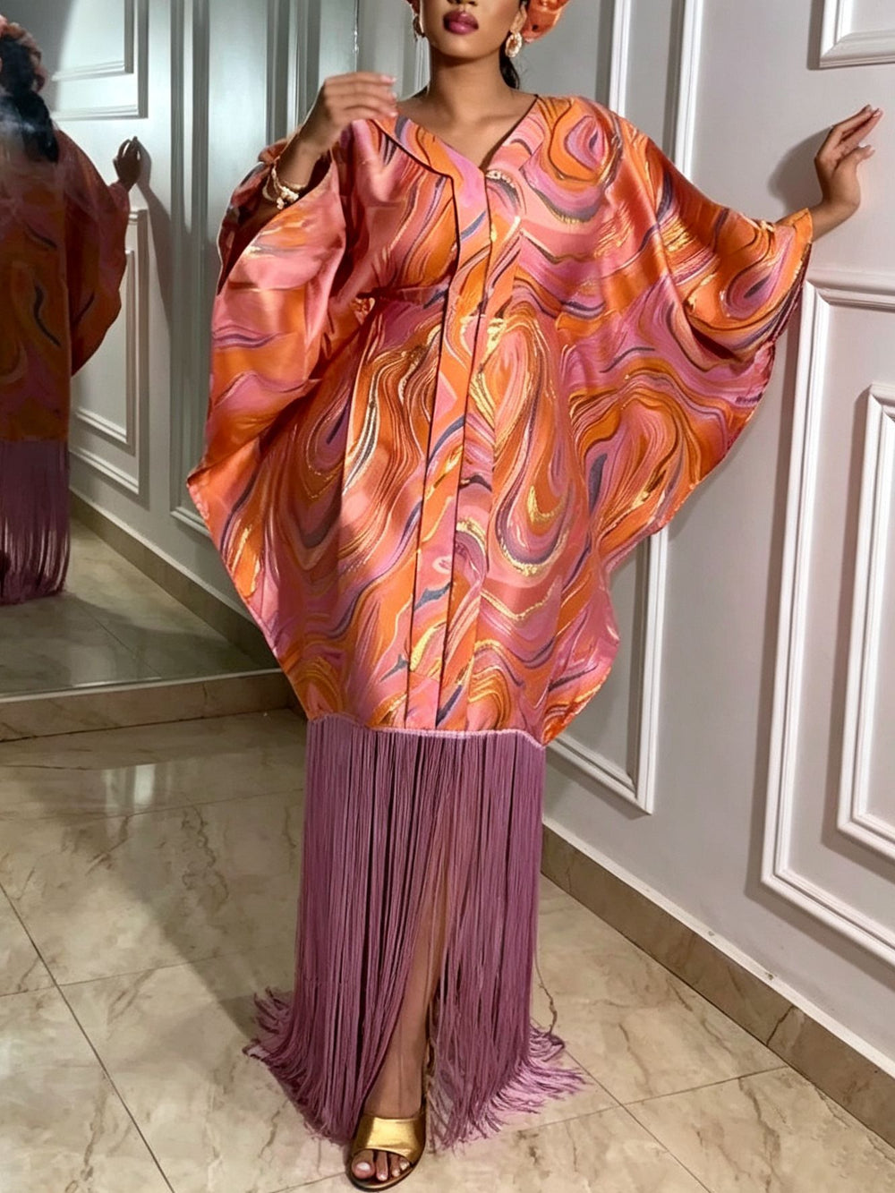 African ethnic print batwing sleeve v-neck dress - designer drawstring waist tassel robe bubu dress
