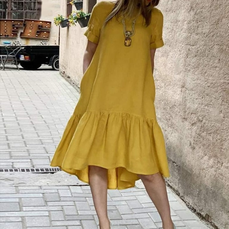 cross-border solid color crew neck short sleeve cotton pullover ruffle hem midi dress for women