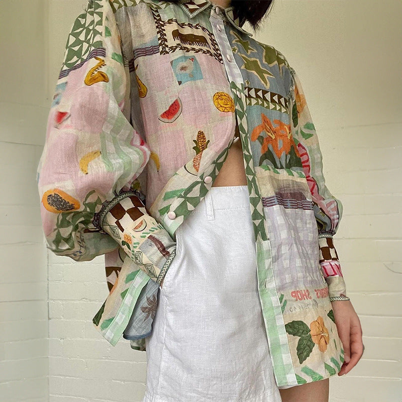cross-border european and american women's clothing: new summer collection - elegant and chic turn-down collar printed oversized shirt 661