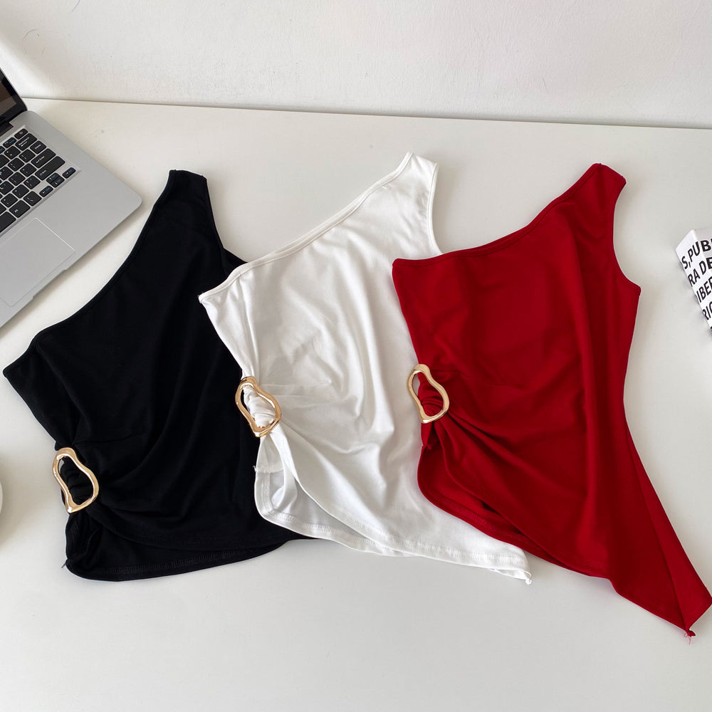 Spicy girl style asymmetrical one-shoulder minimalist camisole - women's summer slimming metallic detail outerwear top