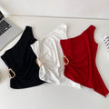 Spicy girl style asymmetrical one-shoulder minimalist camisole - women's summer slimming metallic detail outerwear top