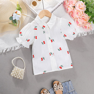 Girls' chic summer blouse: new korean style cherry print cardigan short-sleeve top, baby comfort white shirt