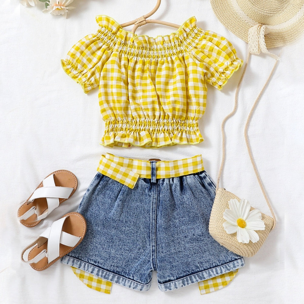 hot selling girl's one-piece collar plaid high elastic cuff washed hole denim shortgirlsuit