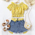 hot selling girl's one-piece collar plaid high elastic cuff washed hole denim shortgirlsuit
