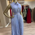 European and american cross-border women's fashion:  summer new arrivals - stylish and minimalist turn-down collar sleeveless tie-waist pleated striped dress