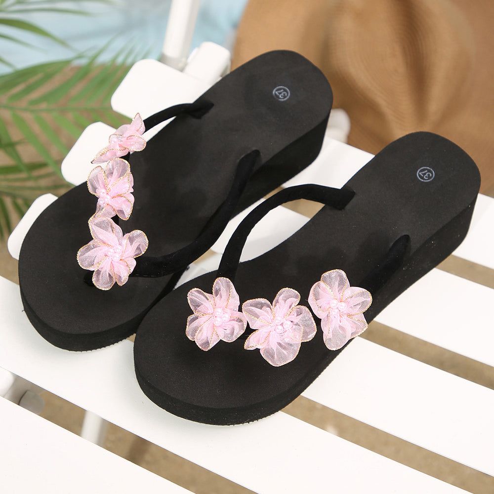 Plus size beach sandals women's summer fashion outdoor wear thick sole high heel slippers women's beach anti-slip floral wedge flip-flops