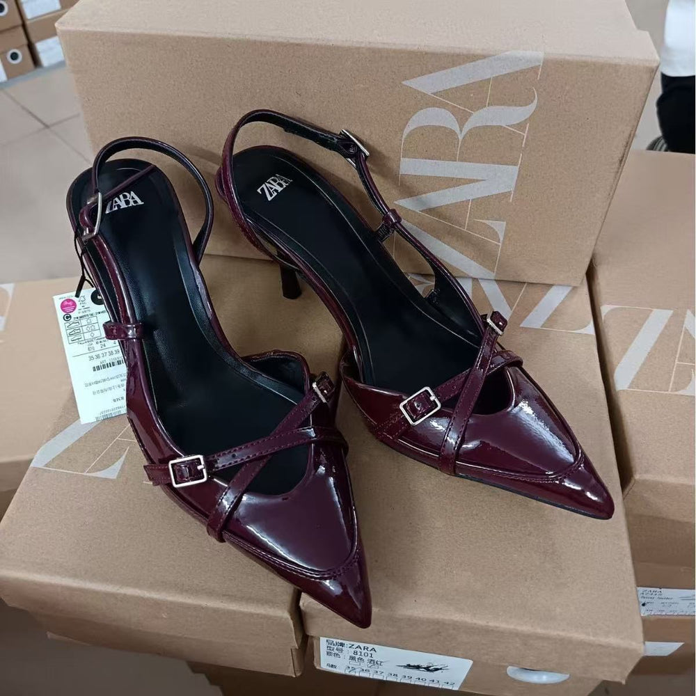 Za2024autum new women's shoes crimson cross buckle strap pointed toe high heel sandals british style mules shoes