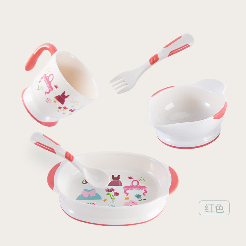 Bao hui baby tableware set: includes bowl, spoon, fork, divided plate, bowl, cup, fork, and spoon – complete feeding set