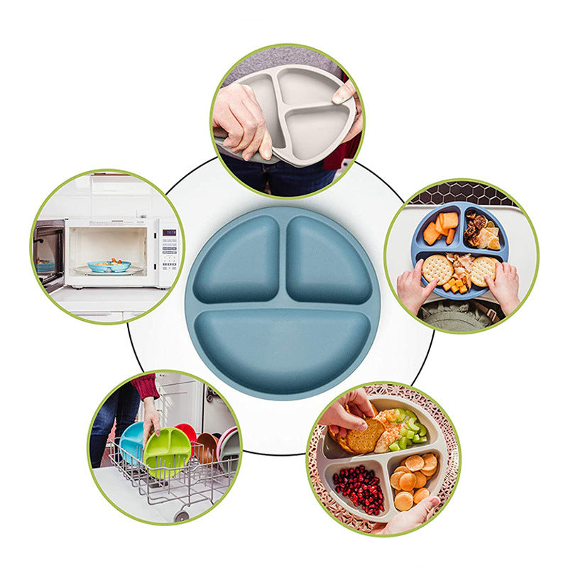 Children's Grid Silicone Plate, BPA Silicon Free Children's Gift Tableware Feeding Set Three Grid Plate