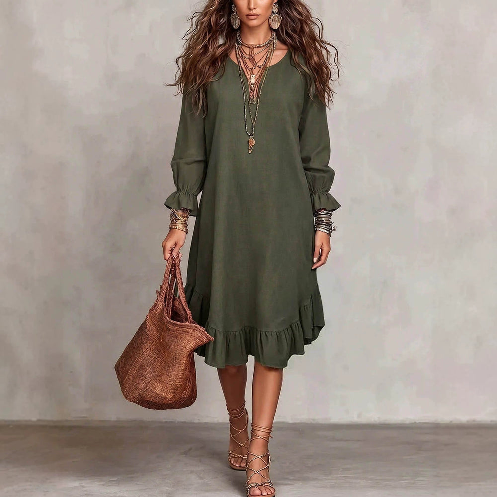 Women's vacation-ready slip dress: relaxed fit, v-neck, slit hem, ruffle trim, midi length - wholesale available