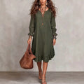 Women's vacation-ready slip dress: relaxed fit, v-neck, slit hem, ruffle trim, midi length - wholesale available