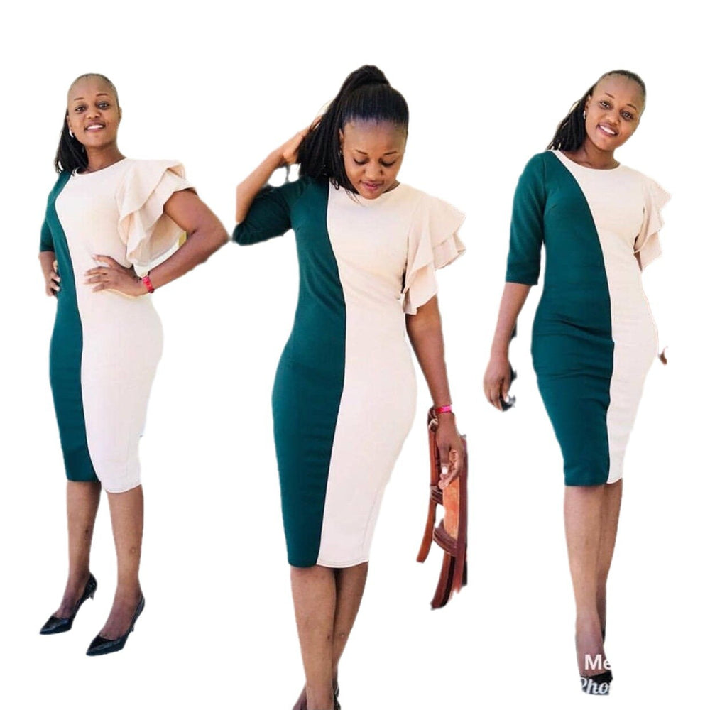 fashion african   hot-selling two-color patchwork asymmetrical sleeves belt dress