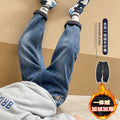 Boys' fall fleece-lined pants, spring/autumn style jeans,  new children's pants, mid-to-large size kids' trousers, all-in-one fleece