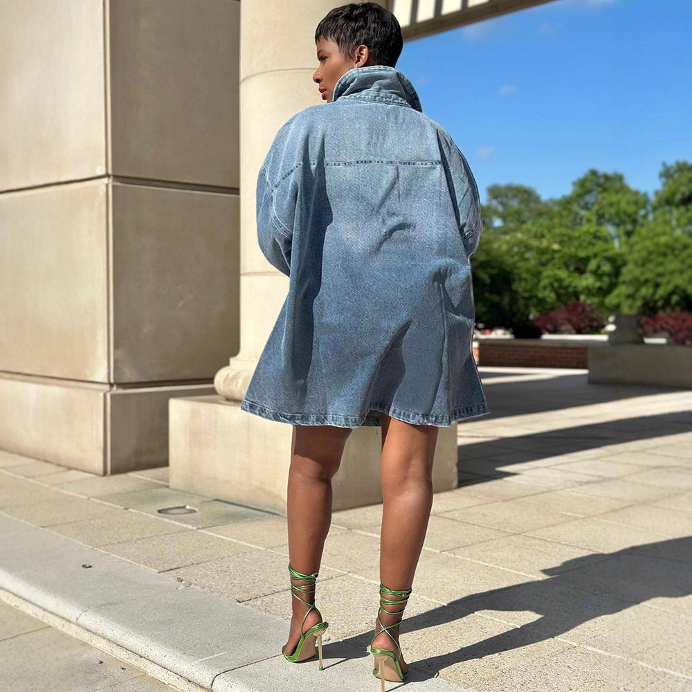 European and american style loose-fit dress -  new arrival - cross-border women's fashion - trendy turn-down collar gradient long-sleeve denim dress