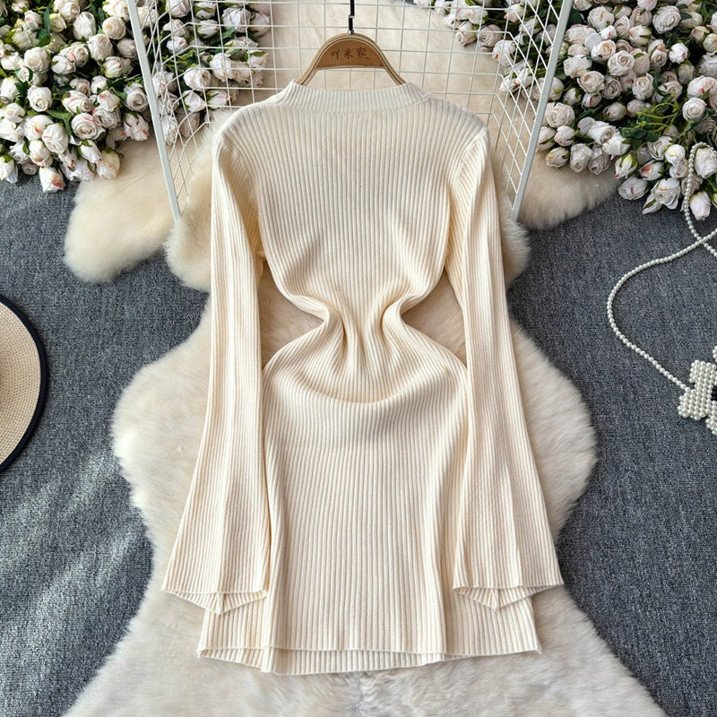 Autumnew arrivalexport pure lust style hot girl silmlong sleevesknittingdress women's casual round neck elegant short skirt