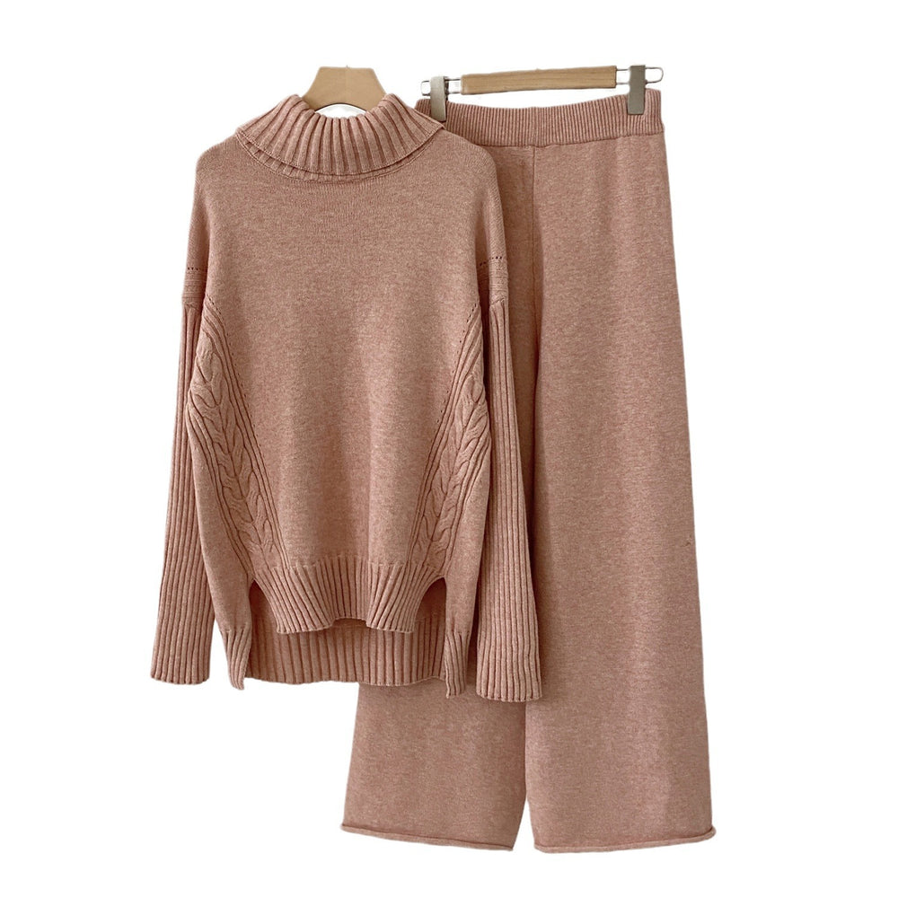 Autumn winternew arrivalknittingsuitelegantcasual slit sense of design high collar sweaterpure colorloose pantstwo-piece set