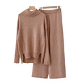 Autumn winternew arrivalknittingsuitelegantcasual slit sense of design high collar sweaterpure colorloose pantstwo-piece set