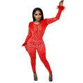 C6200   fashion women's mesh rhinestone v-neck long sleeve feather long jumpsuit