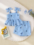 Baby girl blue and white pinstripe bowknot suspender top and shorts summer fresh outfit set