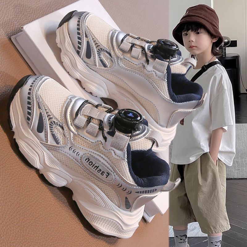 Autumn  new boys' lightweight chunky sneakers with rotating buckle, breathable mesh athletic shoes for little boys' running