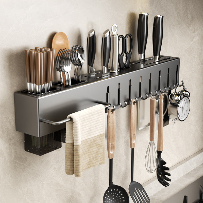Stainless steel kitchen rack wall-mounted multi-functional non-punching knife holder integrated chopstick cage chopstick cartridge storage