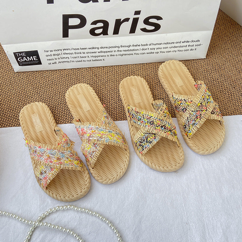 2024 summer new women's fashion slippers retro colorful braided criss-cross strap sandals women's outdoor versatile beach shoes
