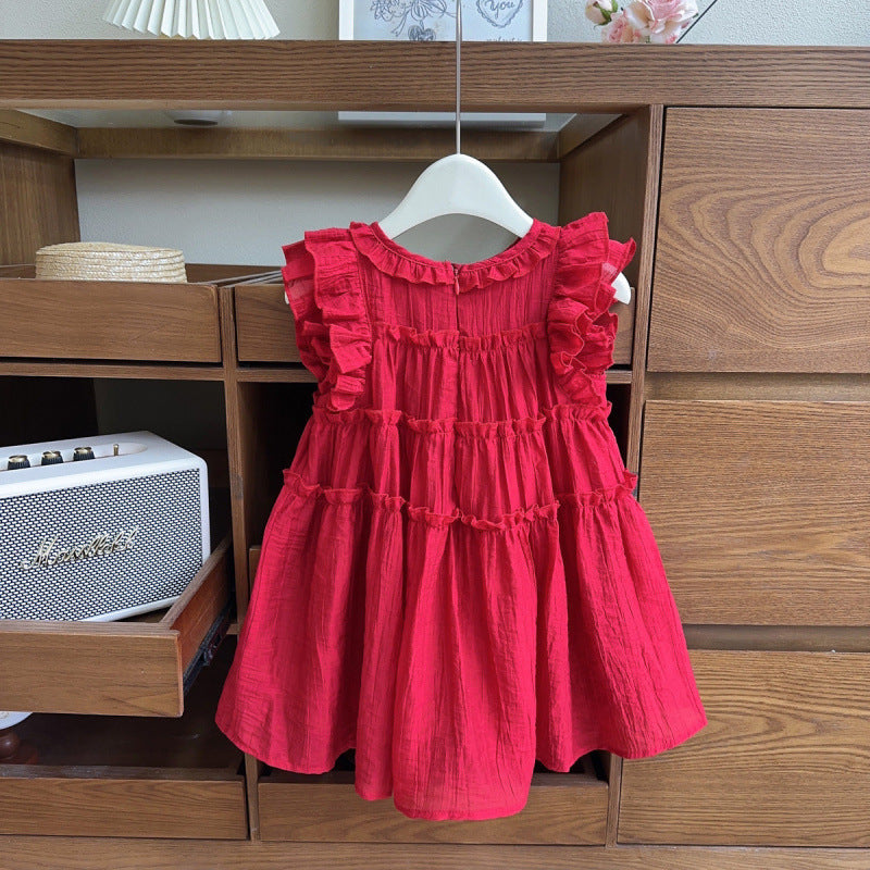 Girls' bowknot flutter sleeve dress - new summer style, sleeveless beach sundress with lace trim for little girls