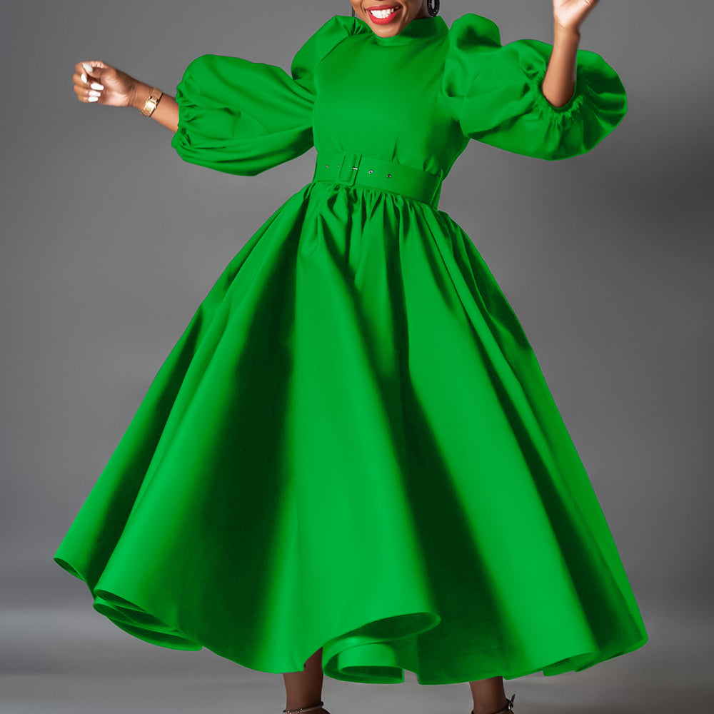plus size women's clothing fashionlooseplus sizefashionpure color large skirt puff sleeve mid-length skirt african dress