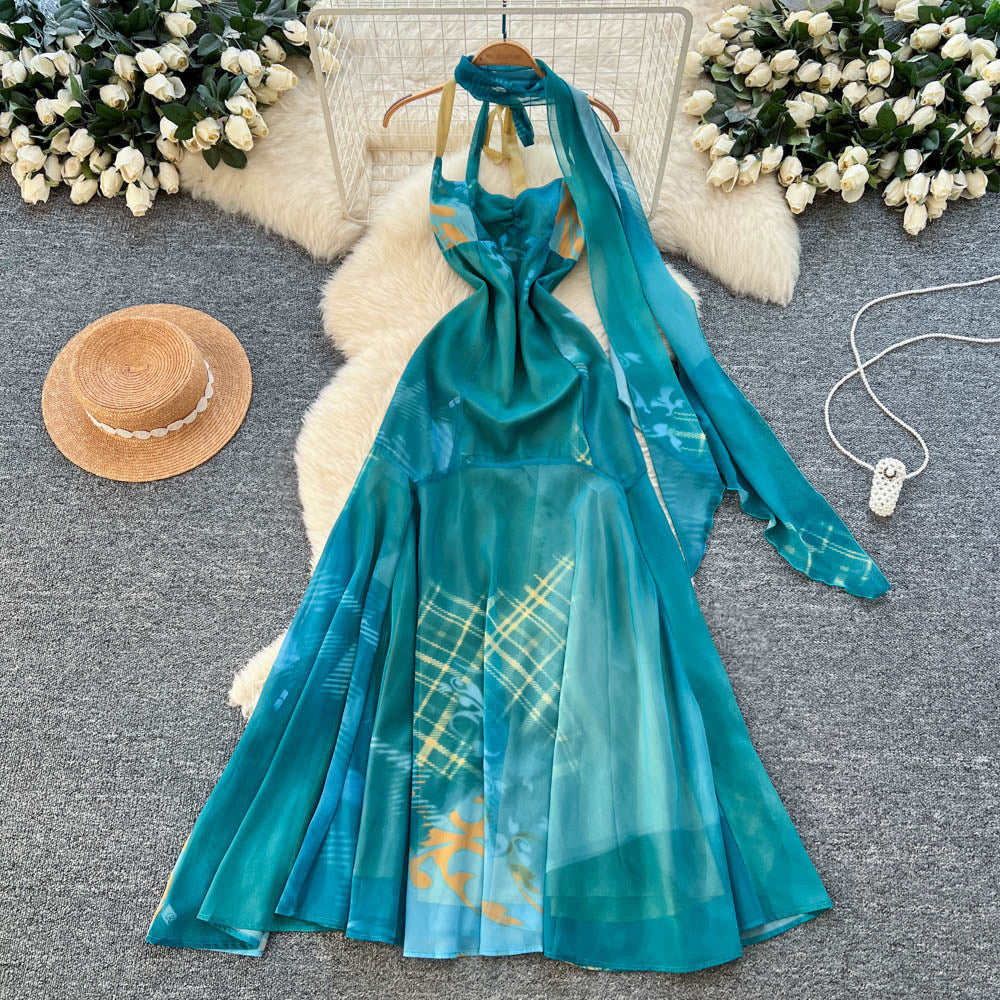 Blue gradient high-end elegant sleeveless dress - women's new slimming waist-defining vacation maxi dress - dopamine dress style