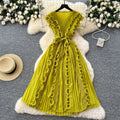 Miya pleated dress women's  summer european and american fashion 3d lace tie waist sleeveless pleated maxi dress