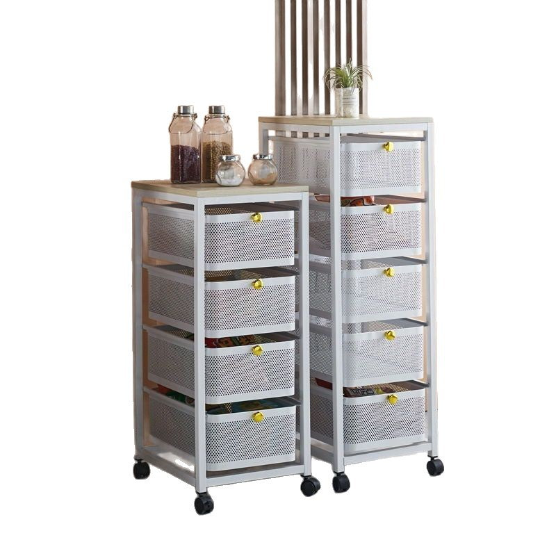 Drawer-style kitchen storage rack with vegetable basket, multi-functional floor-standing slim storage cabinet for home use, multi-layer snack organizer