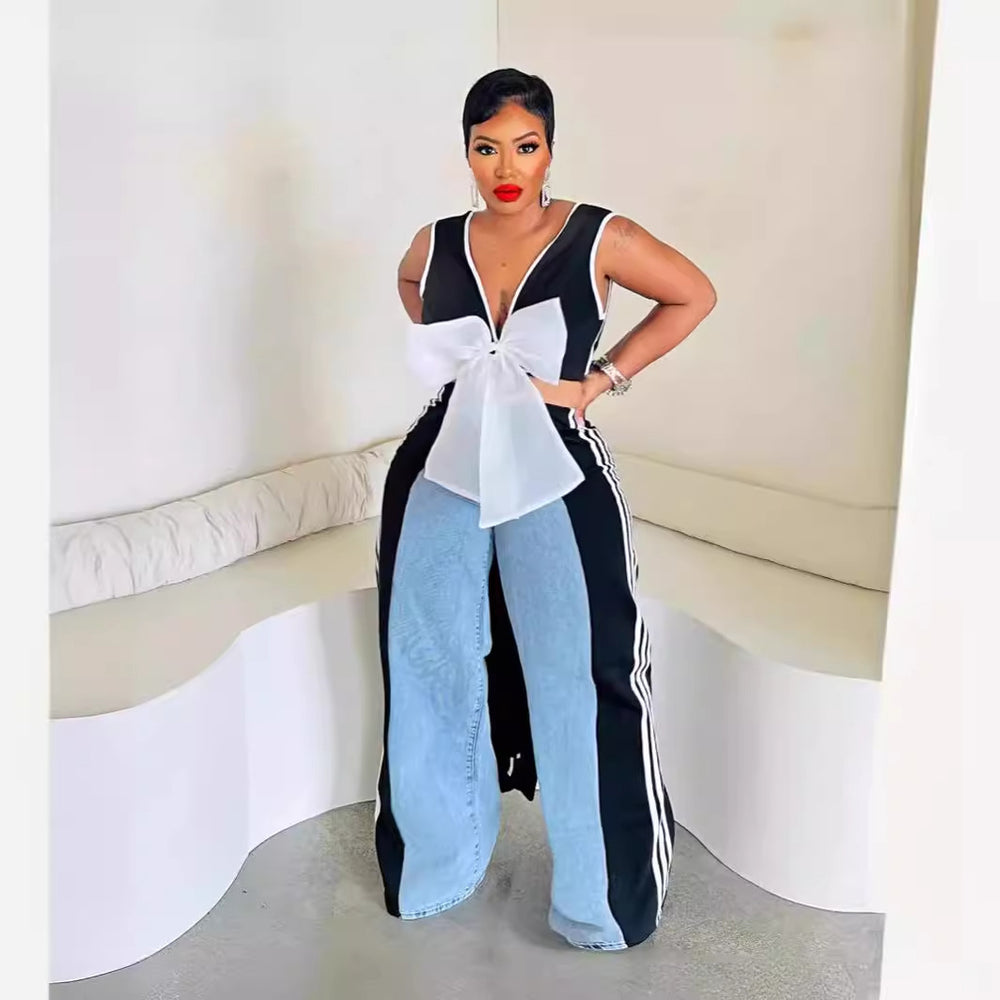 Sexy women's v-neck maxi dress with large bow and high slit - hot-selling women's apparel on  cross-border e-commerce