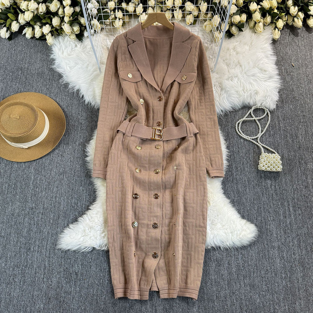 Fall and winter tweed style grids celebrity metal buttons double-breasted lapel waist silmknitting long skirt dress