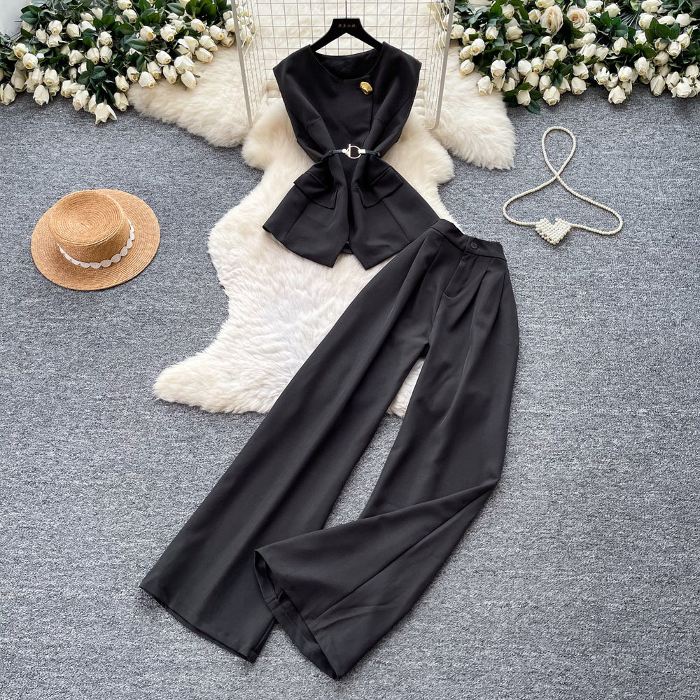 K-stylework clothing style vest high waistloose pantstwo-piece set women's summer silm type strap waist slimming looksuit