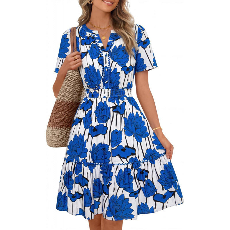 Amazon fashion short-sleeved a-line floral dress for women summernew arrivalbohemiav neck skirt