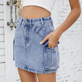 export women's summer   new washed american retro denim cargo pocket mini skirt