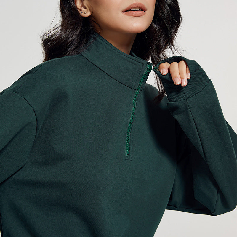 new european and american style stand collar fitness sweatshirt for women - loose fit zipper drawstring long sleeve yoga top t-shirt