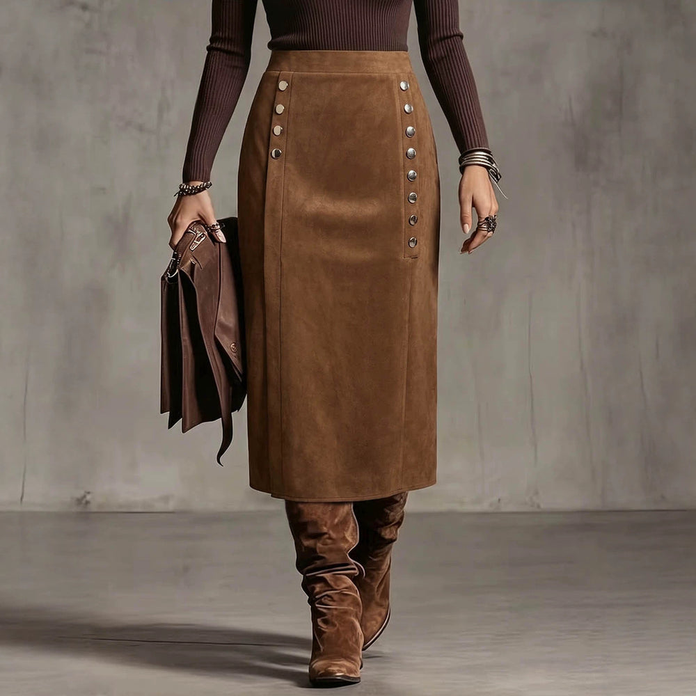 Plus size women's midi skirt - high waist, slit design, metal button detail, vintage style - wholesale