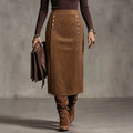 Plus size women's midi skirt - high waist, slit design, metal button detail, vintage style - wholesale
