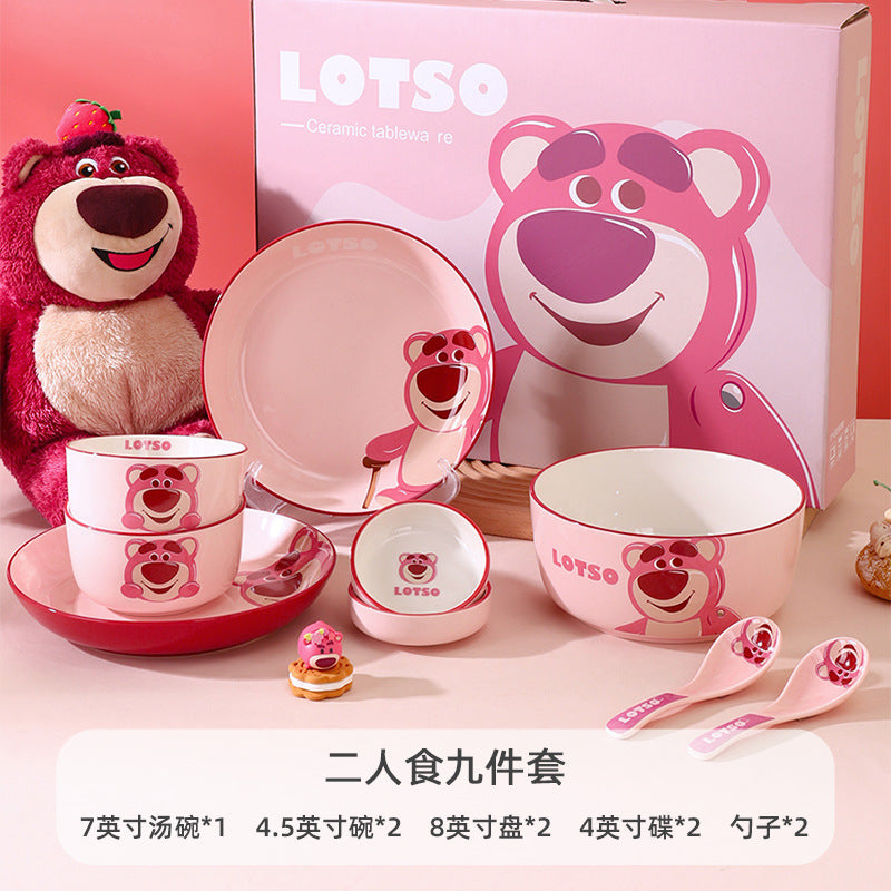 Cartoon Ceramic Bowl Premium Tableware Gift Box Gift High Value Bowl Plate Household Children's Rice Bowl Strawberry Bear Set