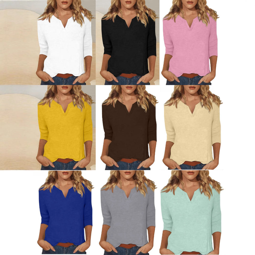 cross-border women's v-neck 3/4 sleeve solid color t-shirt top