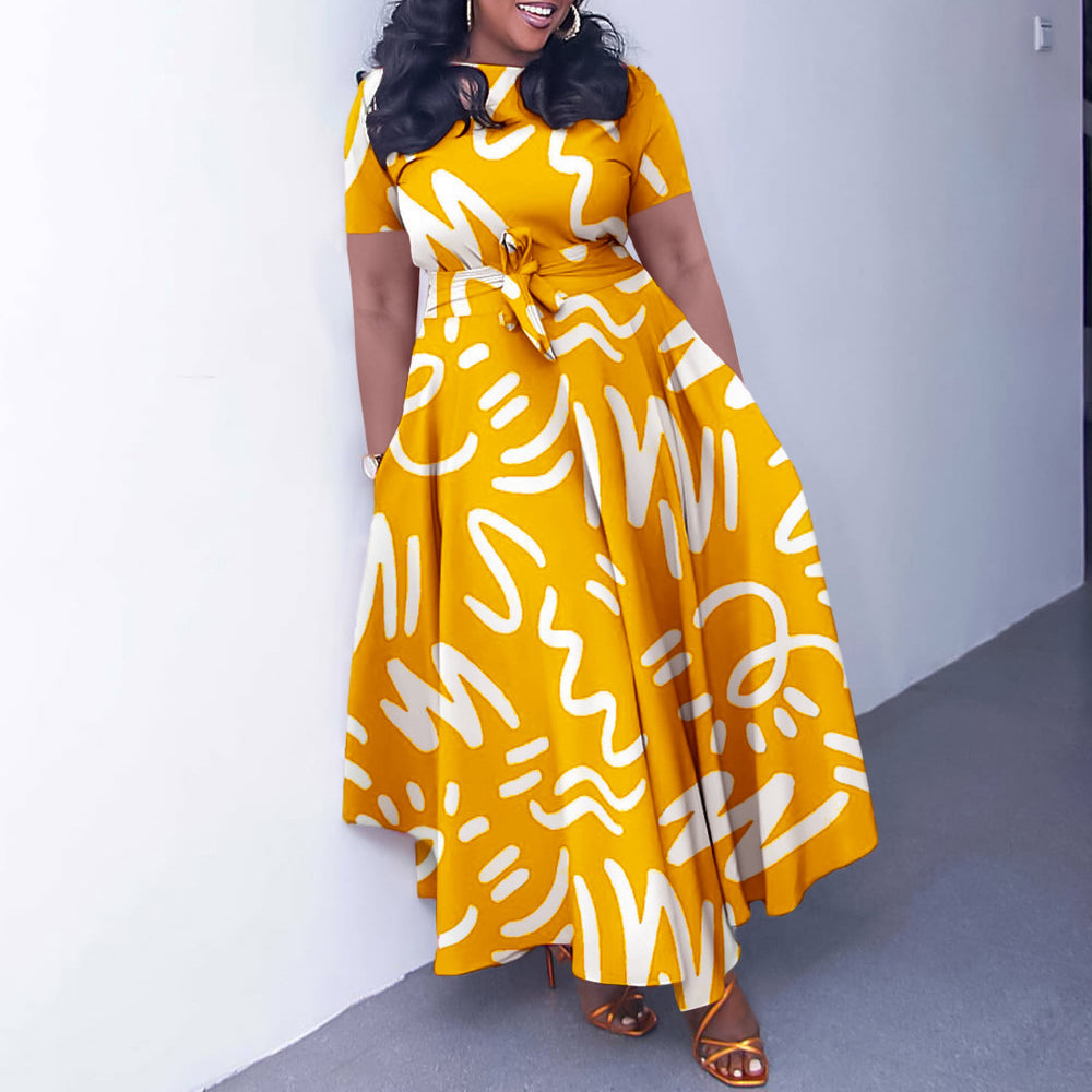 Q125 summer new fashion cross-border  elegant women's tie-up printed plus size european and american style dress