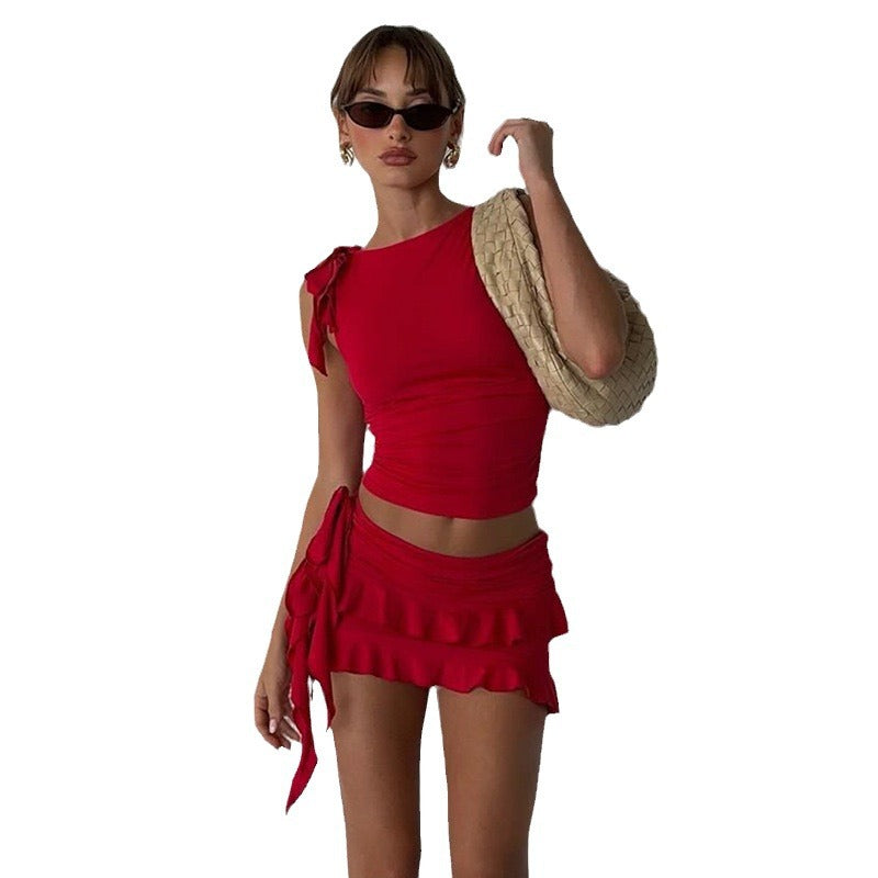 european and american cross-border summer new women's sleeveless round neck slim-fit tank top and mini skirt two-piece set